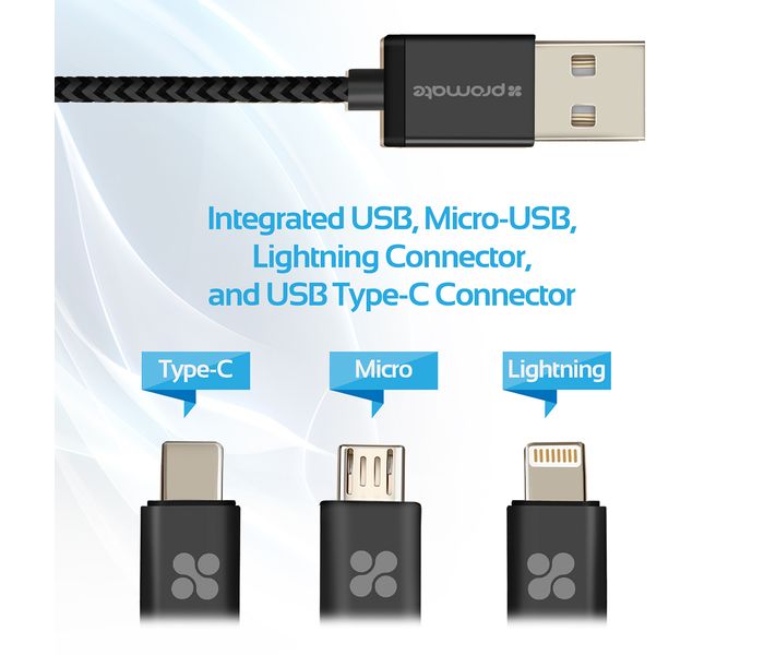 Promate UniLink-Trio 3 in 1 Triple Head Data and Charge Cable with Lightning, Type-C, and Micro-USB Connectors - Grey - Zoom Image 3