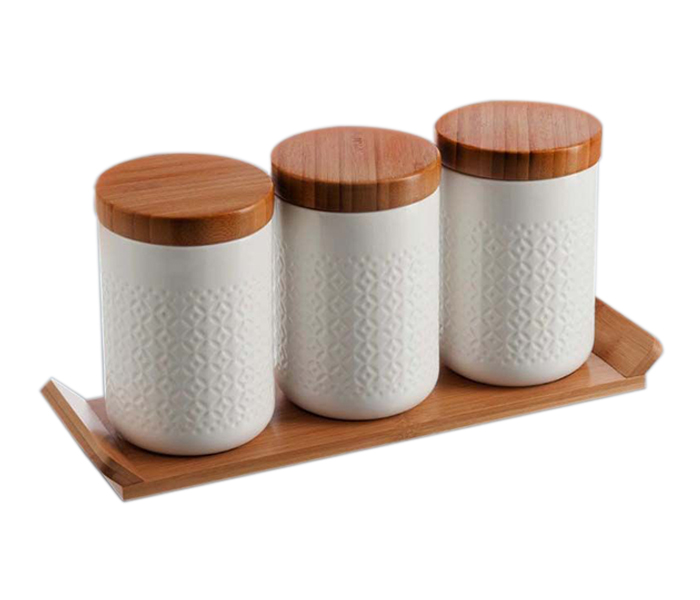 Royalford RF9243 3 Pieces Porcelain Canister Set with Wooden Stand - White - Zoom Image