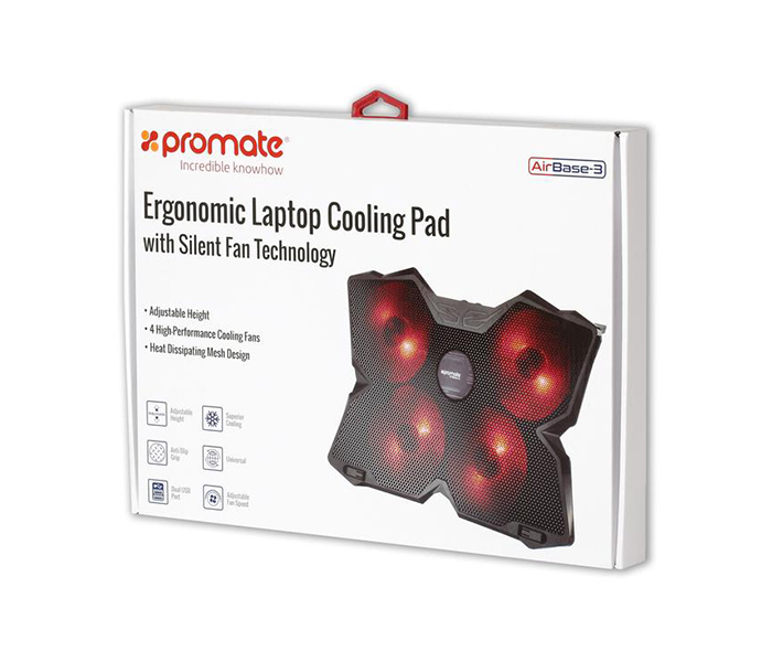 Promate AIRBASE-3 Ergonomic Laptop Cooling Pad with Silent Fan Technology - Black - Zoom Image 6