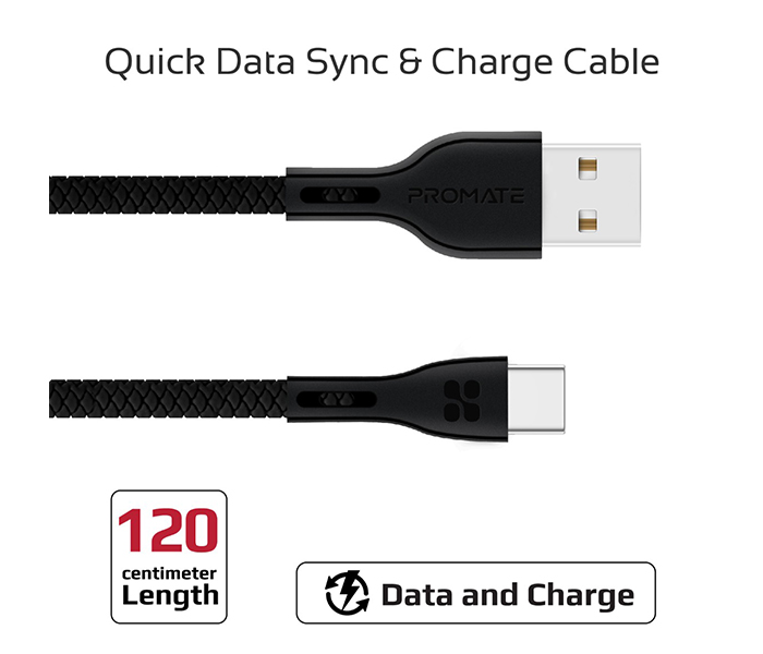 Promate Powerbeam-C USB to USB Type C Fast Charging Cable with Over-Current Protection - 1.2 Metre, Black - Zoom Image 1