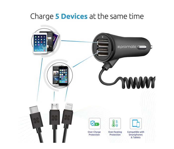 Promate Charger-Trio 3 in 1 Multifunctional Universal Car Charger with Dual USB Ports, Black - Zoom Image 2