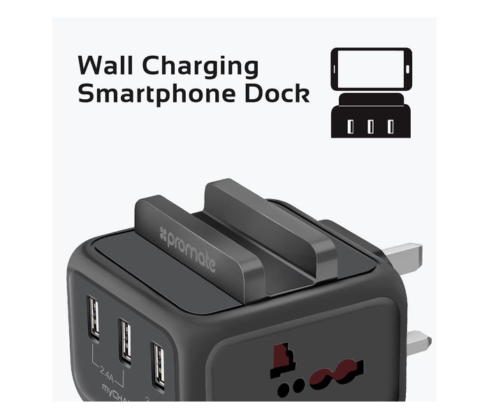 Promate MyCharge-UK Heavy Duty USB Wall Charger with SmartPhone Docket, Black - Zoom Image 4