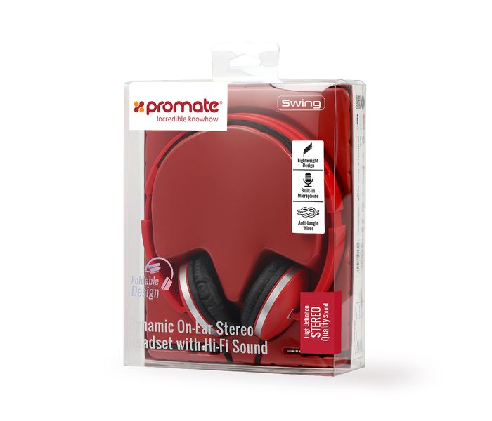 Promate Swing Dynamic On-Ear Stereo Headset with Hi-Fi Sound, Red - Zoom Image 6