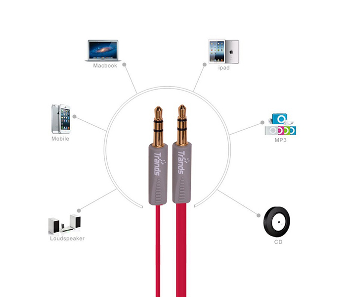 Trands TR-CA208 3.5 mm Aux Audio Flat Cable - Red - Zoom Image 3