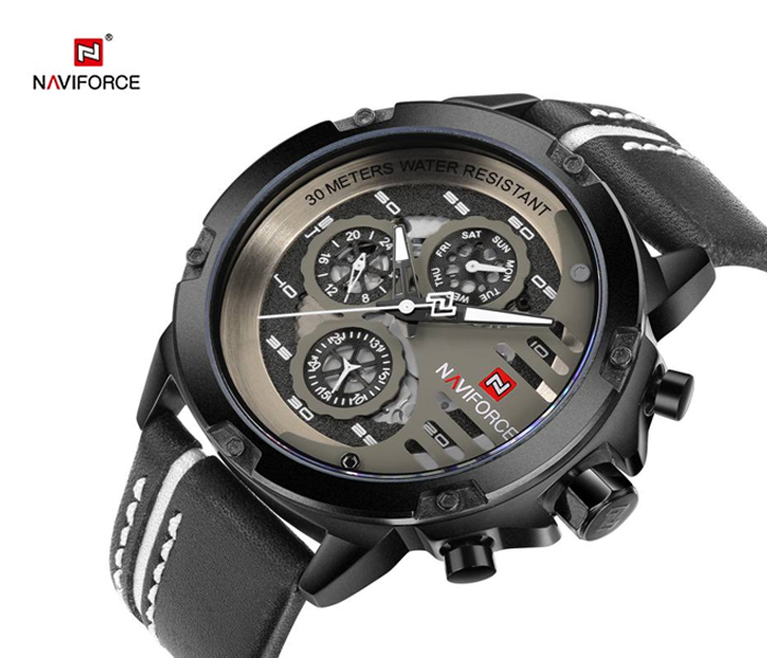 Naviforce 9110 Men Luxury Chronograph Leather Starp Watch - Black - Zoom Image 2