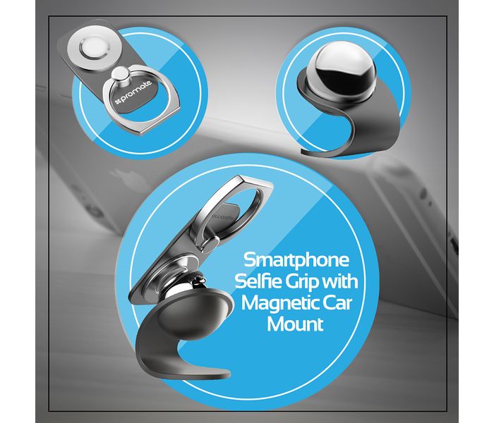 Promate RingMount 2 in 1 Phone Ring & Car Mount Holder with Stand for All Mobile Phones - Grey - Zoom Image 1