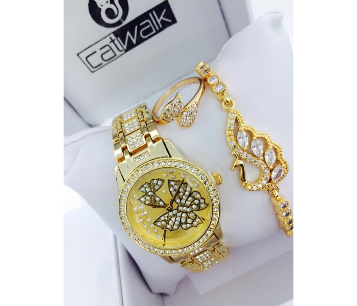 Catwalk CW-900P Genuine Quality Fashionable Cz Womens Watch with Beauty Bracelet and Ring Gold - Zoom Image