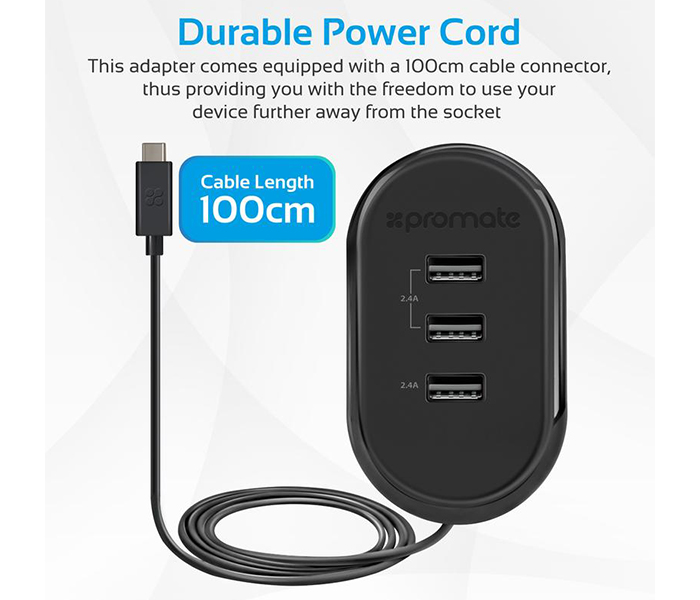 Promate TORNADO-3C USB 3.1 Type-C Home Charger with Cable organizer - Black - Zoom Image 2