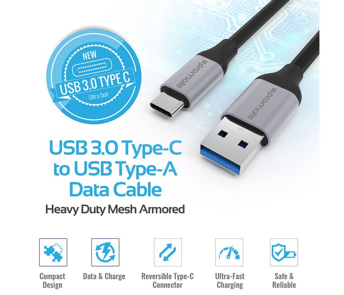 Promate UniLink-CAF USB-C to USB 3.0 Type-A Data and Charging Cable - Grey - Zoom Image 2