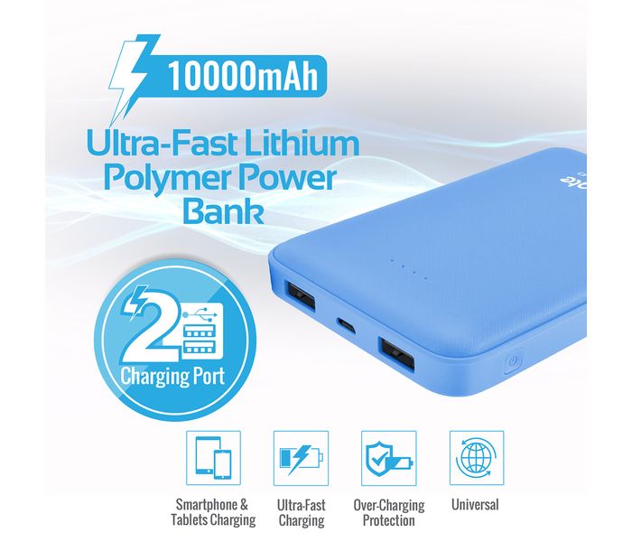 Promate VolTag-10 10000 mAh Compact Portable Charger Power Bank with Dual USB Port, Blue - Zoom Image 1