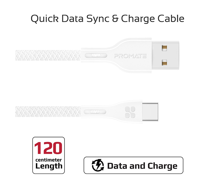 Promate Powerbeam-C USB to USB Type C Fast Charging Cable with Over-Current Protection - 1.2 Metre, White - Zoom Image 1