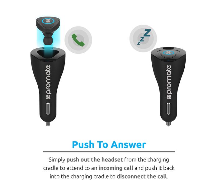 Promate Aria 2A Usb Car Charger with Magnetic Charging Station and Mini Bluetooth Headphone, Black - Zoom Image 8