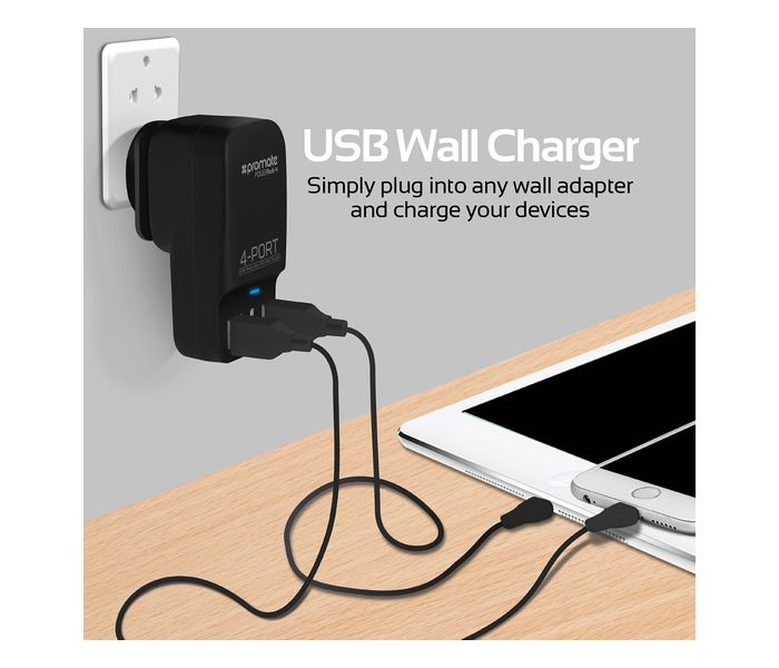 Promate PowerHub-4 6.8A High Speed USB Wall Fast Charger with 4 USB Ports, Black - Zoom Image 2