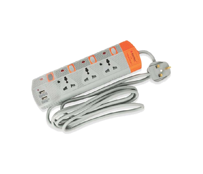 Electron EL-3009 3 Way Extension Socket with 2 USB - Grey & Orange, 3 Meter - Zoom Image