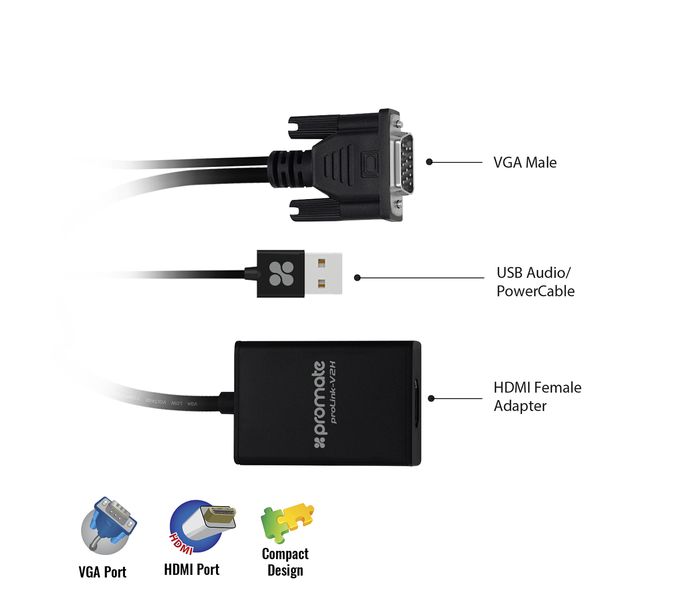 Promate ProLink-V2H VGA-to-HDMI Adaptor Kit with Audio Support - Black - Zoom Image 1