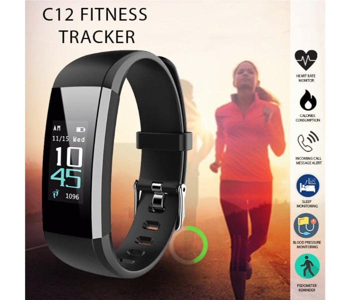 C12 Fitness Tracker Bluetooth Smart Bracelet Heart Rate Monitor - Black - Zoom Image 1