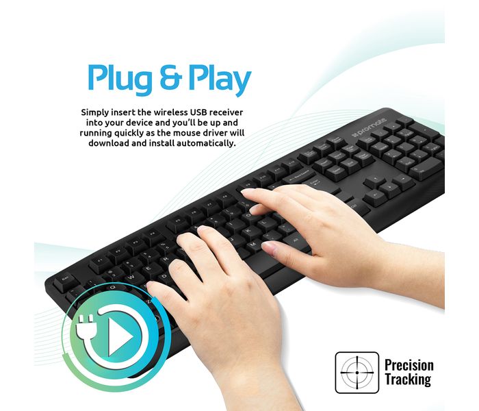 Promate Keymate-1 2.4Ghz Professional Ergonomic Wireless Keyboard & Mouse, Black - Zoom Image 1