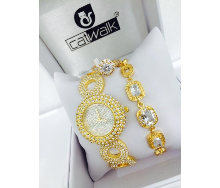 Catwalk CW-700P Genuine Quality Fashionable Cz Womens Watch with Beauty Bracelet and Ring Gold - Zoom Image