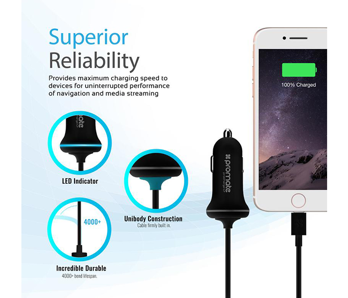 Promate PROCHARGELT Car Charger with Lightning Connector for iPad, iPhone, and iPod - Black - Zoom Image 3