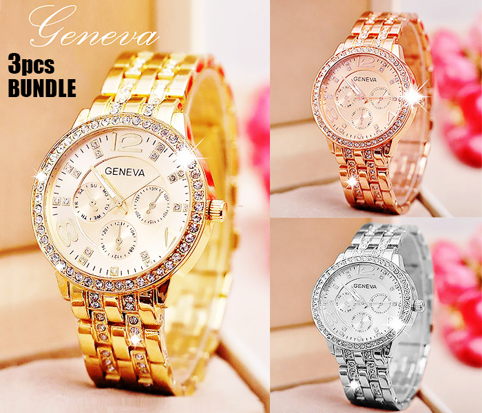 Geneva Rhinestone Wrist Watch 3Pcs - Zoom Image