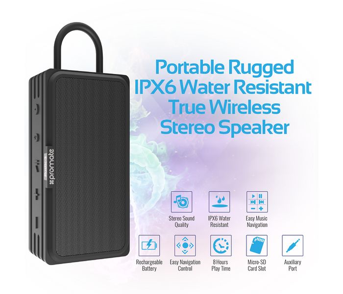 Promate Rustic-3 10W IPX6 Waterproof Wireless Speaker with Micro SD Card Slot - Black - Zoom Image 1