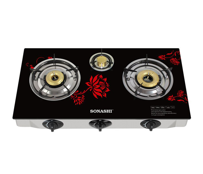 Sonashi SGB-320GFFD Three Burner Gas Stove with Full Safety Glass & Floral - Black - Zoom Image 5