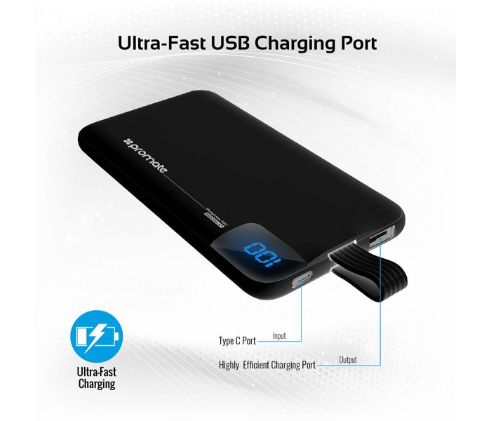 Promate Polymax-10C 10000 mAh Portable Power Bank with 2.1A USB Type C Charging Port, Black - Zoom Image 5