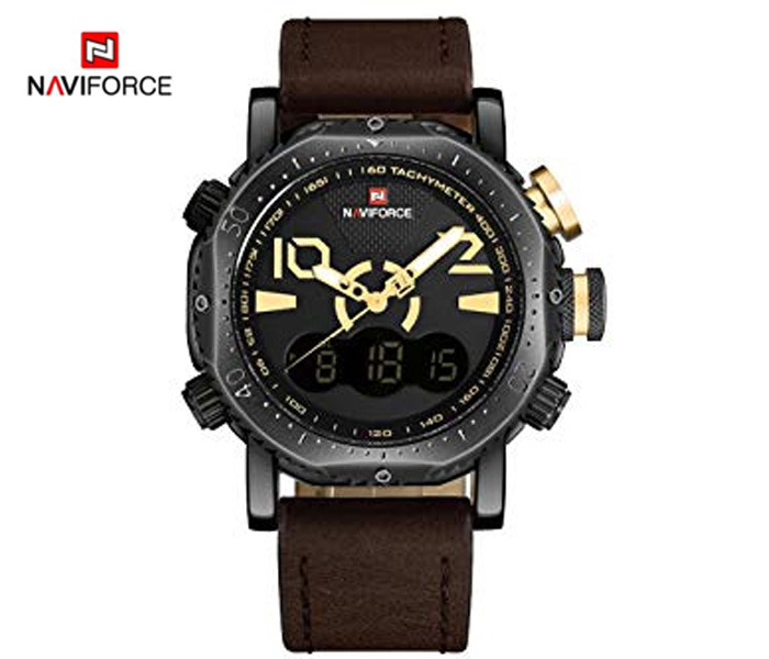 Naviforce 9094 Men Analog-Digital Leather Starp Watch - Gold - Zoom Image 2