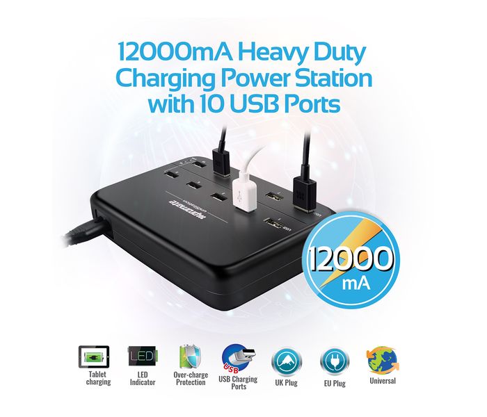 Promate UniStation 12000mAh 10-Port Desktop USB Rapid Charger with Over Charging Protection, Black - Zoom Image 1