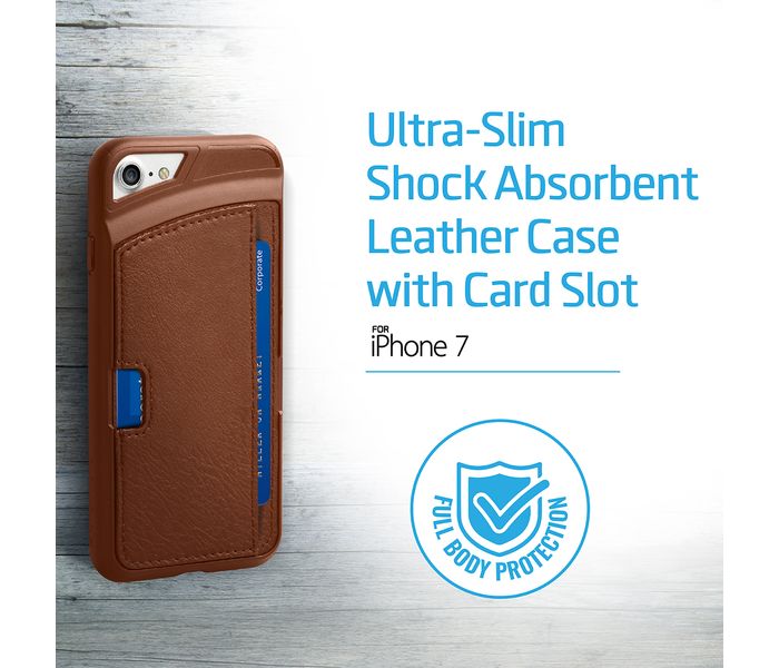 Promate Wallet-X Ultra-Slim Shock Absorbent Leather iPhone 7 Case with Card Slot,Brown - Zoom Image 1