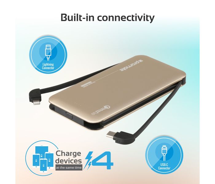 Promate Crown-10QC 10000 mAh Portable Power Bank with 18W USB Type C Charging Port, Gold - Zoom Image 2