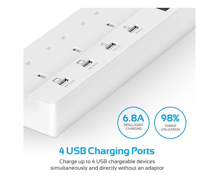 Promate PowerStrip-4UK 2500W 10A Multiport Power Strip for Home & Office, White - Zoom Image 1