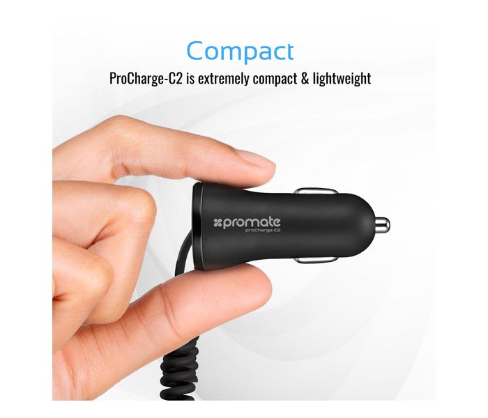 Promate ProCharge-C2 Ultra Fast 3.4A Dual USB Car Charger with Built in USB Type C, Black - Zoom Image 1