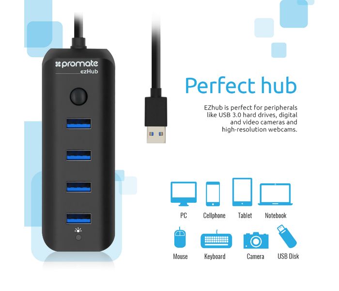 Promate Ezhub Ultra-Fast Portable USB 3.0 Hub with 4 Charge and Sync Ports, Black - Zoom Image 3