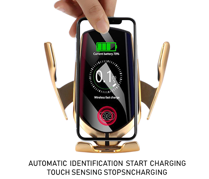 R1 Wireless 10W Qi Fast Wireless Charger With Infrared Sensor Automatic Clamp - Gold - Zoom Image 2