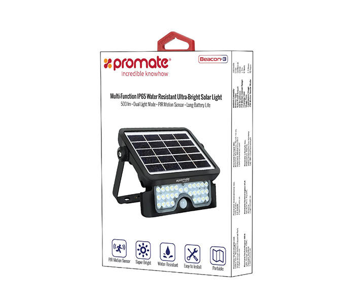 Promate BEACON-3 Multi-Function IP65 Water Resistant Ultra-Bright Solar Light - Black - Zoom Image 7