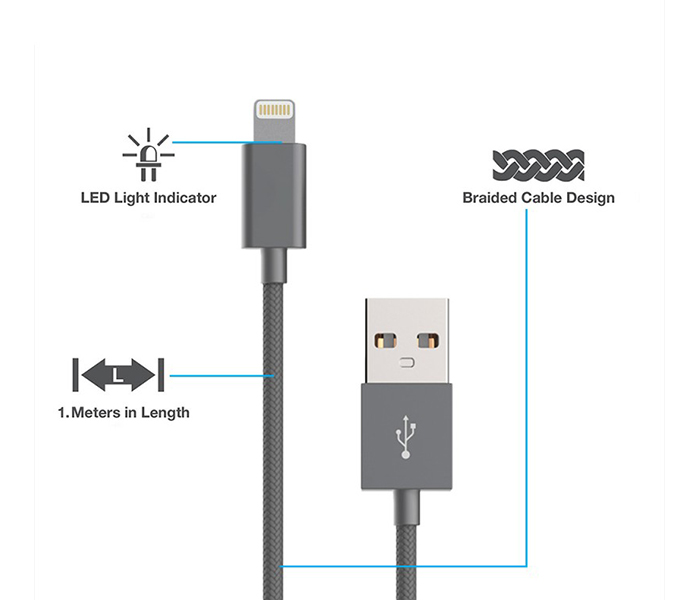 Trands TR-CA3061 1 Meter LED Torch Lightning Nylon Braided Cable - Grey - Zoom Image 1