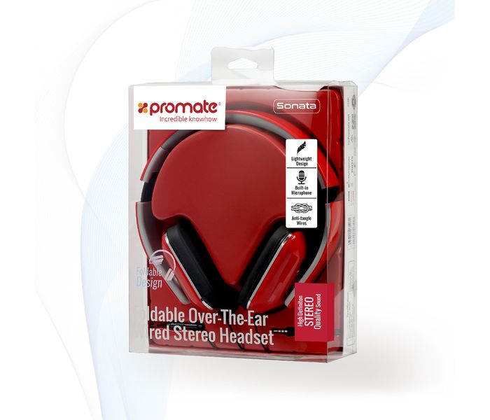 Promate Sonata Foldable Over-The-Ear Wired Stereo Headset, Red - Zoom Image 4