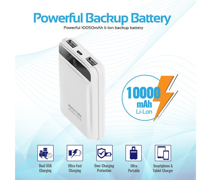 Promate Card-10 10050 mAh Portable Charger Power Bank with Ultra Fast Dual 2.4A USB Port , White - Zoom Image 3