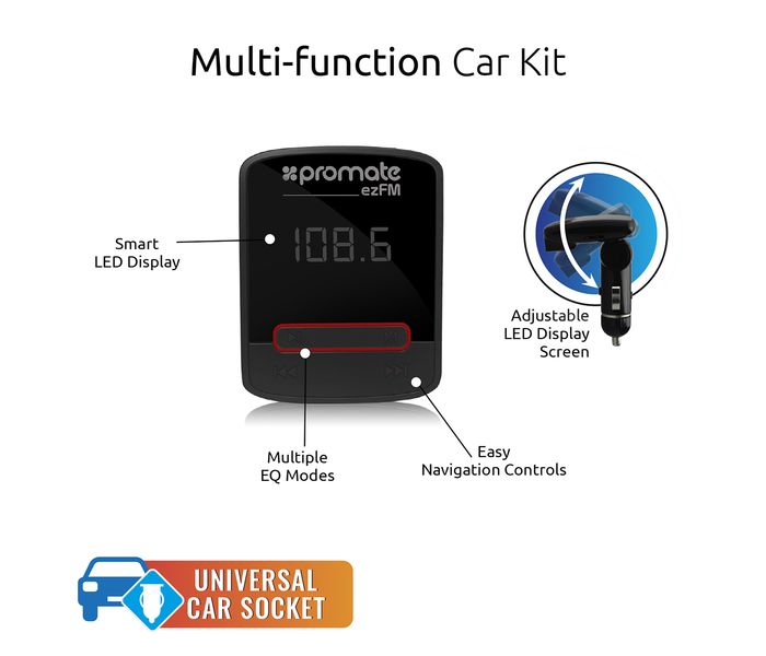 Promate EZFM Universal In-Car FM Transmitter with Remote Control and 2.1 A USB Car Charger - Black - Zoom Image 1