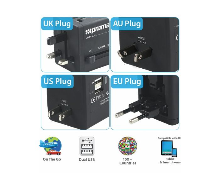 Promate UniPro.4 Multi Regional Travel Adaptor for USB Charged Devices, Black - Zoom Image 1