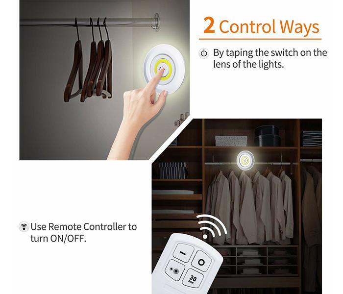 COB LED Puck Lights with Remote Control - Set of 3, White - Zoom Image 2