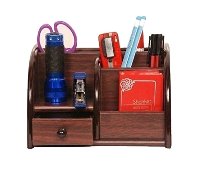 Wooden Desk Organizer Pen Stand with Drawer - Brown - Zoom Image 5