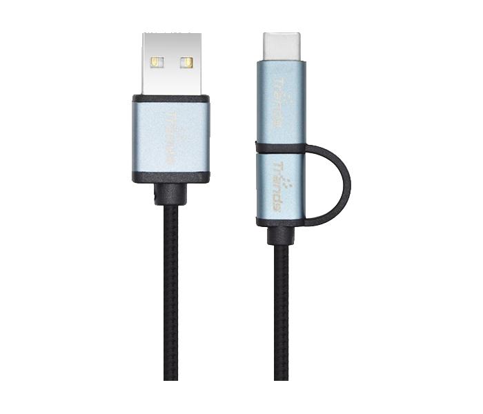 Trands TR-CA027 2-in-1 Reversible Cable With Micro USB & Type C Cable - 1m, Black - Zoom Image 1