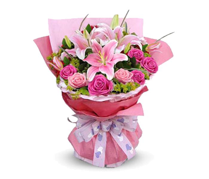 Arabian Florist 10 Pink Roses and 3 Pink Lilies Bouquet - Zoom Image