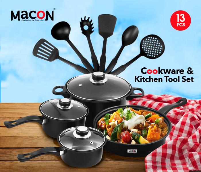 Macon 13 Pcs Non-Stick Cookware Set With Kitchen Tool Set Black - Black, JA018  - Zoom Image 1