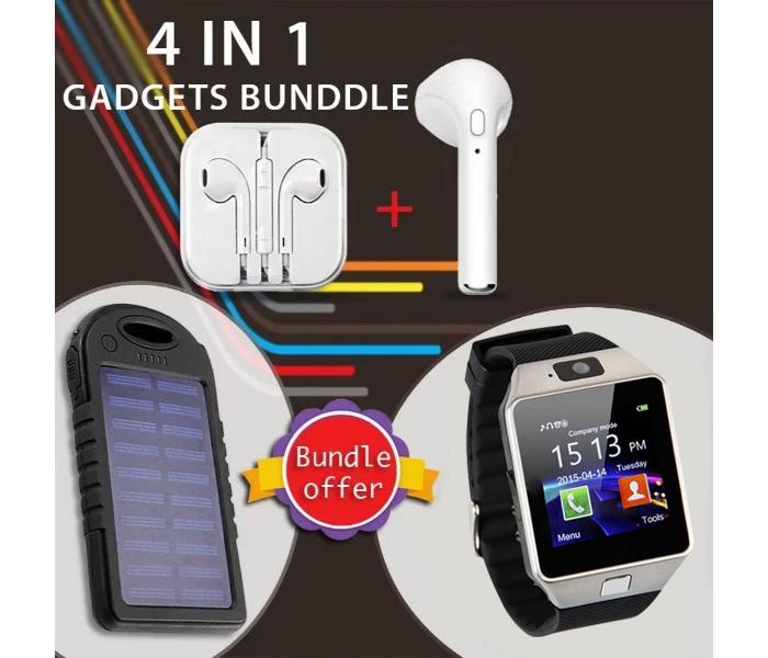 4 in 1 Gadgets Bundle with Smart Watch, Solar Power Bank, HBQ I7 Single Bluetooth and Earpod Headset with Mic Assorted - Zoom Image