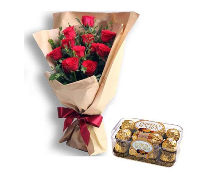 Arabian Florist Festive Fiesta 10 Stems Red Roses & Chocolates - Zoom Image