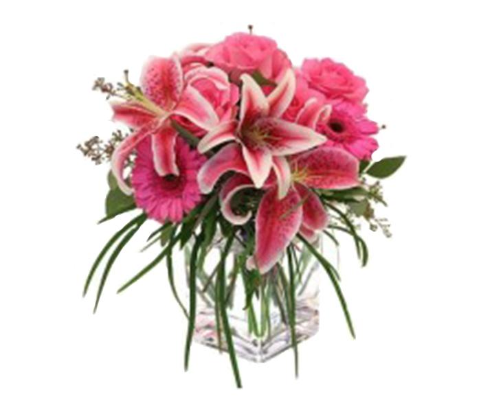 Arabian Florist A Little Delights 4 Pink Gerberas & 1 Pink Lilly with Glass Vase - Zoom Image