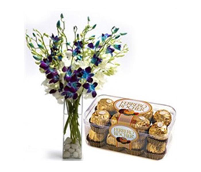 Arabian Florist 10 Stems Exotic Orchid Flowers with Ferrero Rocher Candy Box Combo - Blue & White - Zoom Image